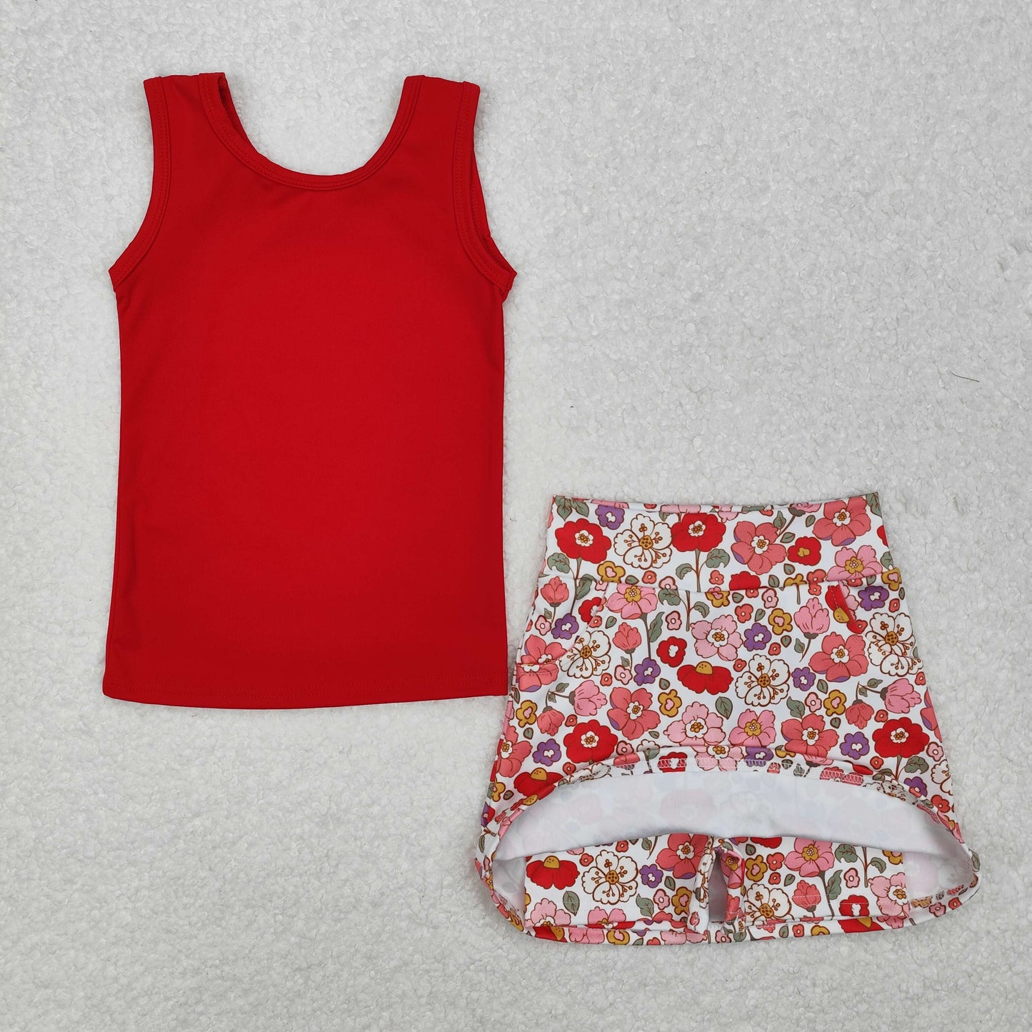 GSD1598 Red Vest Top Flowers Skirts Shorts Girls Summer Athletic Clothes Set