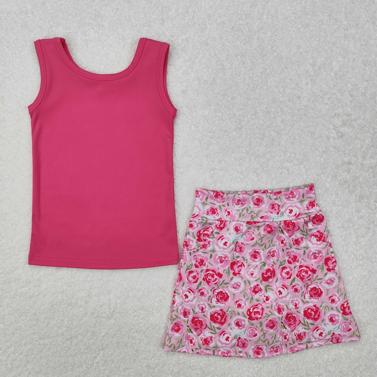 GSD1599 Hotpink Vest Top Flowers Skirts Shorts Girls Summer Athletic Clothes Set