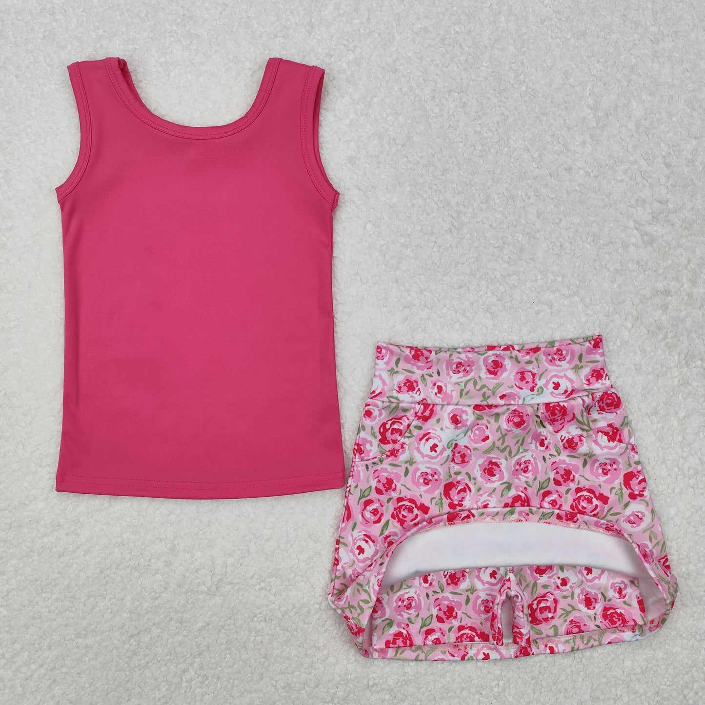 GSD1599 Hotpink Vest Top Flowers Skirts Shorts Girls Summer Athletic Clothes Set