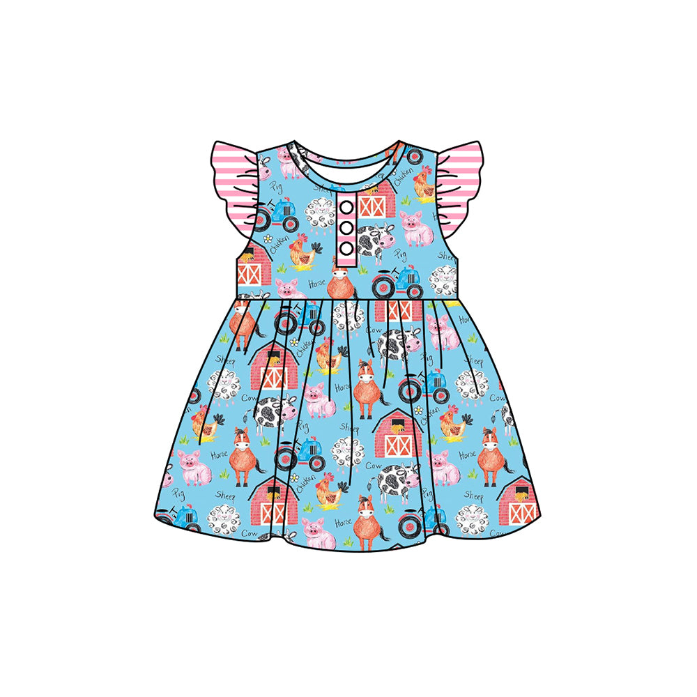 (Pre-order)GSD1602 Farm Animals Print Girls Summer Knee Length Dress