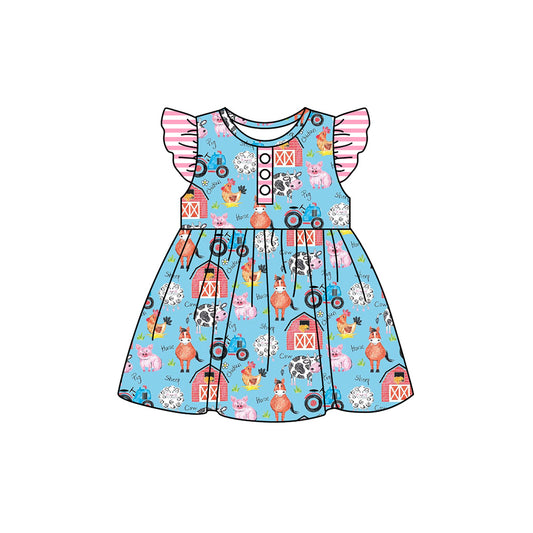 (Pre-order)GSD1602 Farm Animals Print Girls Summer Knee Length Dress