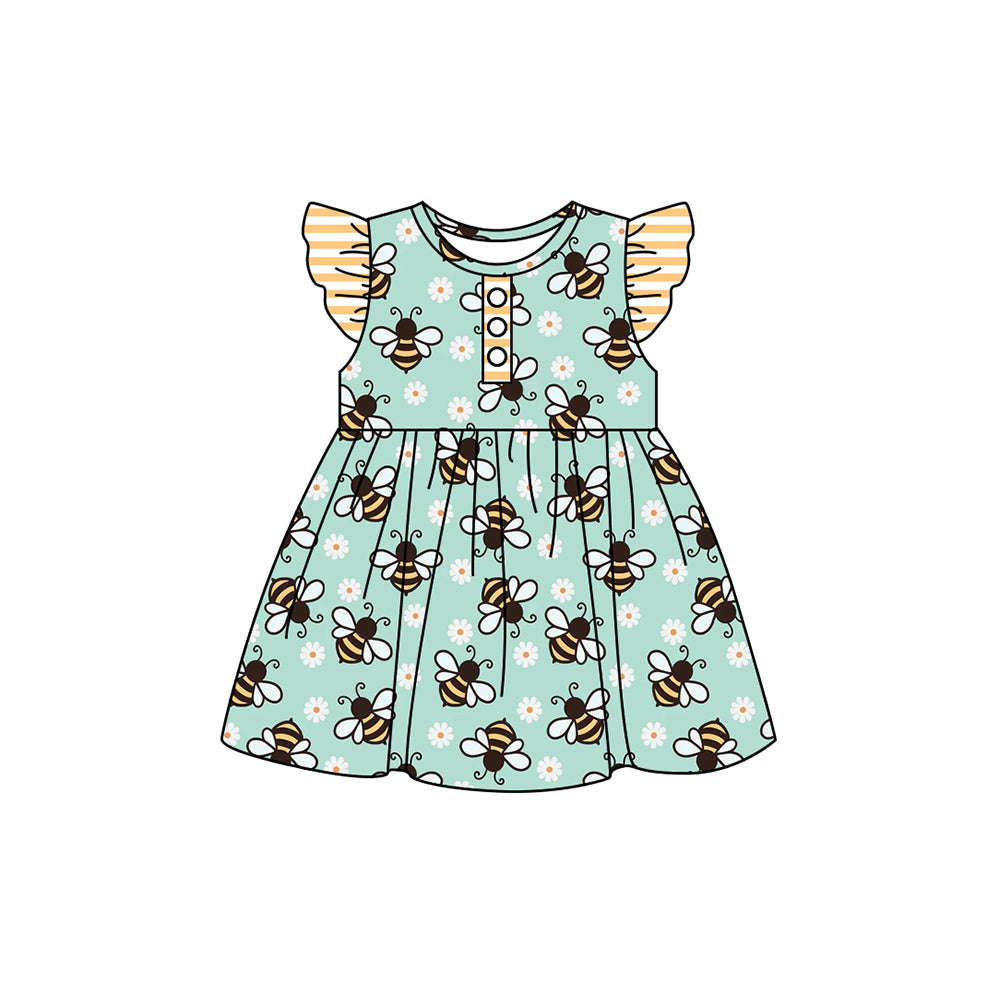 (Pre-order)GSD1603 Bee Flowers Print Girls Summer Knee Length Dress