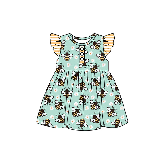 (Pre-order)GSD1603 Bee Flowers Print Girls Summer Knee Length Dress