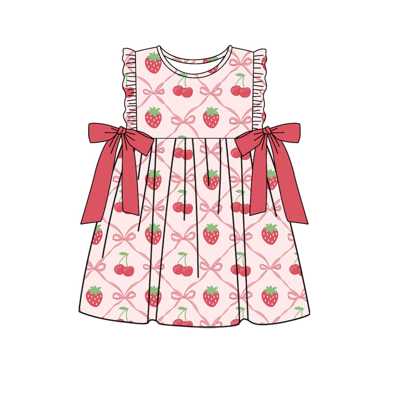 (Pre-order)GSD1604 Strawberry Cherry Bows Print Girls Summer Knee Length Dress