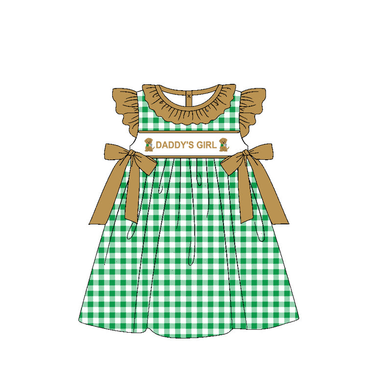 (Pre-order)GSD1608 Daddy's Girl Dog Green Plaid Print Girls Summer Knee Length Dress