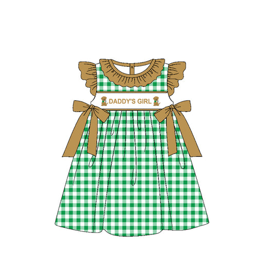 (Pre-order)GSD1608 Daddy's Girl Dog Green Plaid Print Girls Summer Knee Length Dress