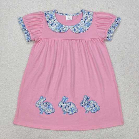 GSD1615 Bunny Flowers Embroidery Pink Print Girls Easter Knee Length Dress