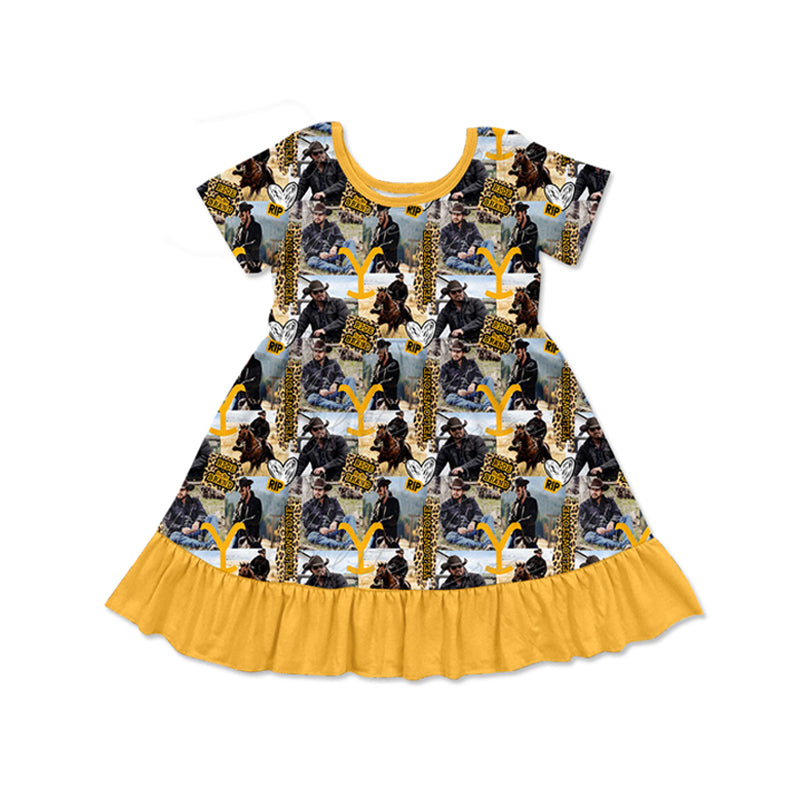 (Pre-order)GSD1620 Yellowsto* Leopard Western Print Girls Summer Knee Length Dress