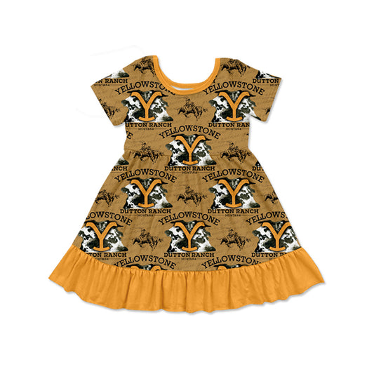 (Pre-order)GSD1621 Yellowsto* Cowboy Western Print Girls Summer Knee Length Dress