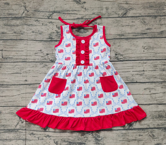 (Pre-order)GSD1625 Bows Flags Print Girls 4th of July Knee Length Dress