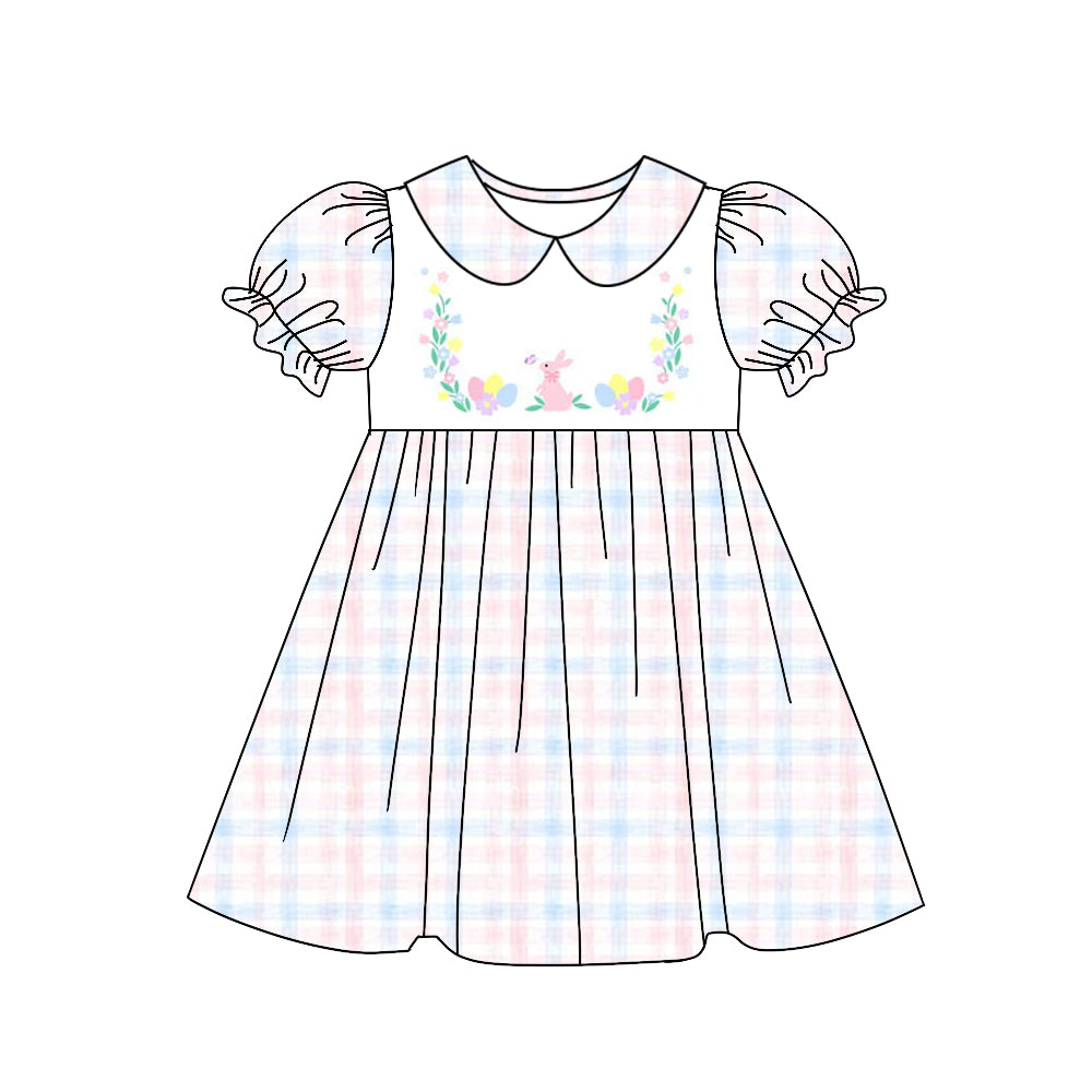 (Pre-order)GSD1626 Bunny Plaid Print Girls Easter Knee Length Dress