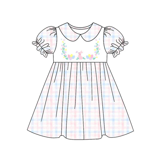 (Pre-order)GSD1626 Bunny Plaid Print Girls Easter Knee Length Dress
