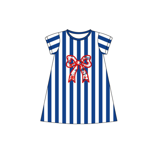 (Pre-order)GSD1627 Flowers Bow Blue Stripes Print Girls Summer Knee Length Dress