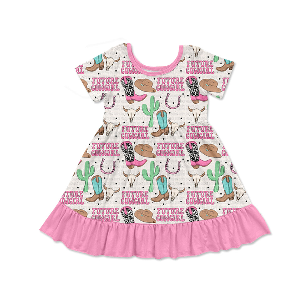 (Pre-order)GSD1630 Cowgirl Boots Cactus Western Print Girls Summer Knee Length Dress