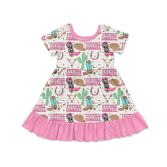 (Pre-order)GSD1630 Cowgirl Boots Cactus Western Print Girls Summer Knee Length Dress