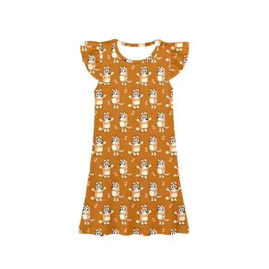 (Pre-order)GSD1632 Cartoon Dog Orange Print Girls Summer Knee Length Dress