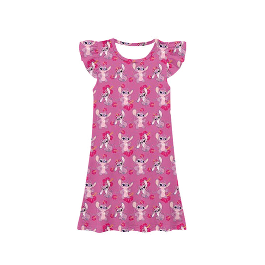 (Pre-order)GSD1634 Cartoon Lil* & Stit* Pink Print Girls Summer Knee Length Dress