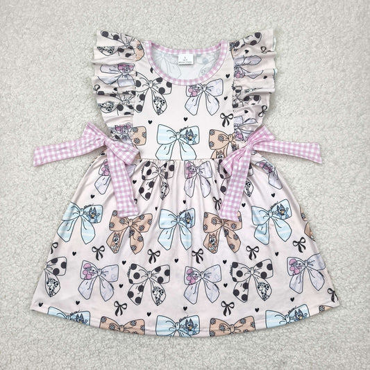 GSD1640  Cartoon Dog Bows Print Girls Summer Knee Length Dress