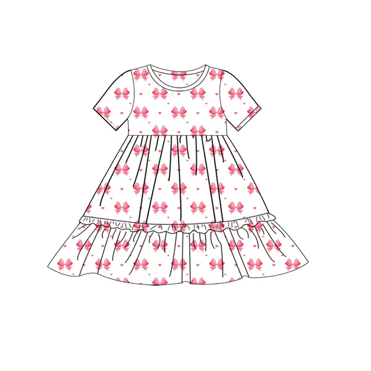 (Pre-order)GSD1648  Bows Heart Pink Print Girls Valentine's Day Knee Length Dress