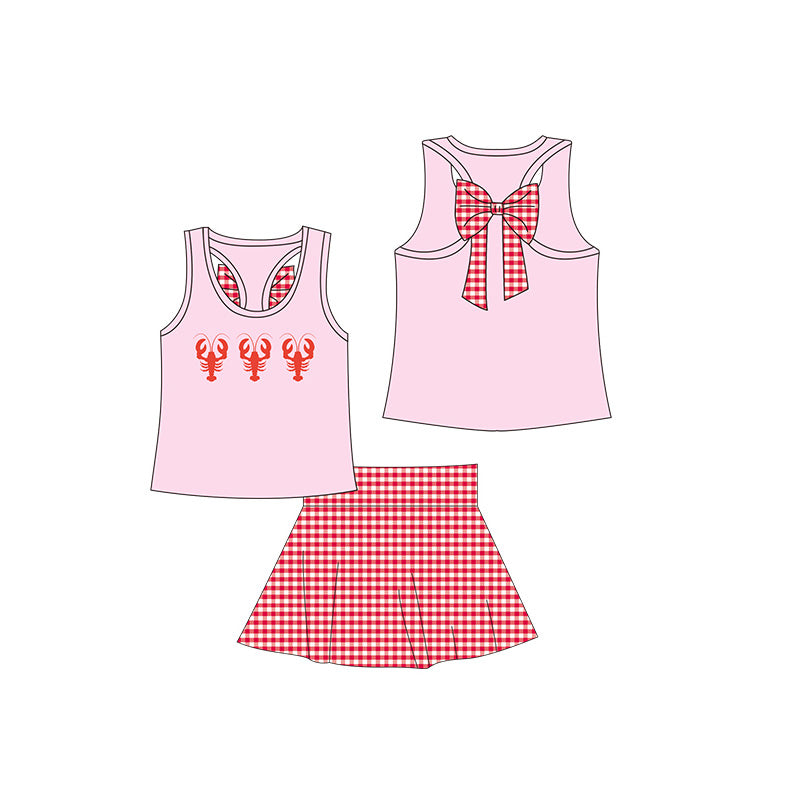 (Pre-order)GSD1650  Crayfish Pink Top Plaid Skirts Girls Summer Clothes Set