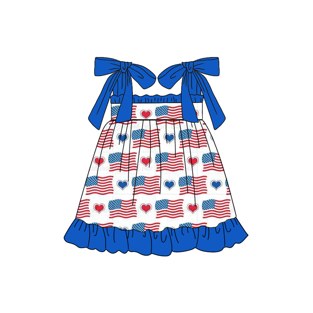 (Pre-order)GSD1652  Flag Heart Print Girls 4th of July Knee Length Dress