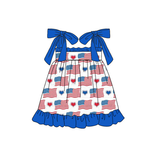 (Pre-order)GSD1652  Flag Heart Print Girls 4th of July Knee Length Dress