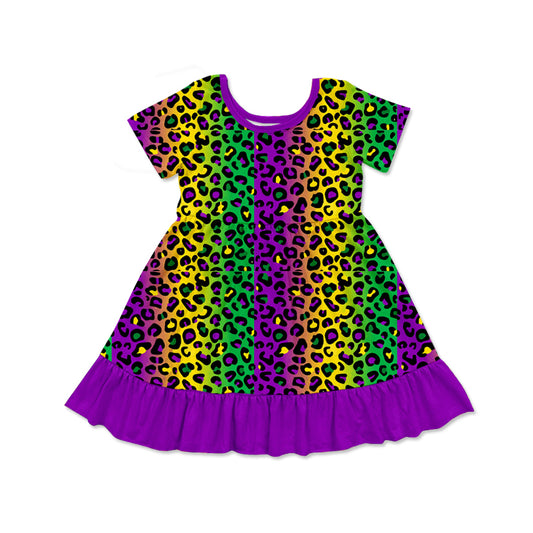 (Pre-order)GSD1656  Colorful Leopard Print Girls Mardi Gras Knee Length Dress