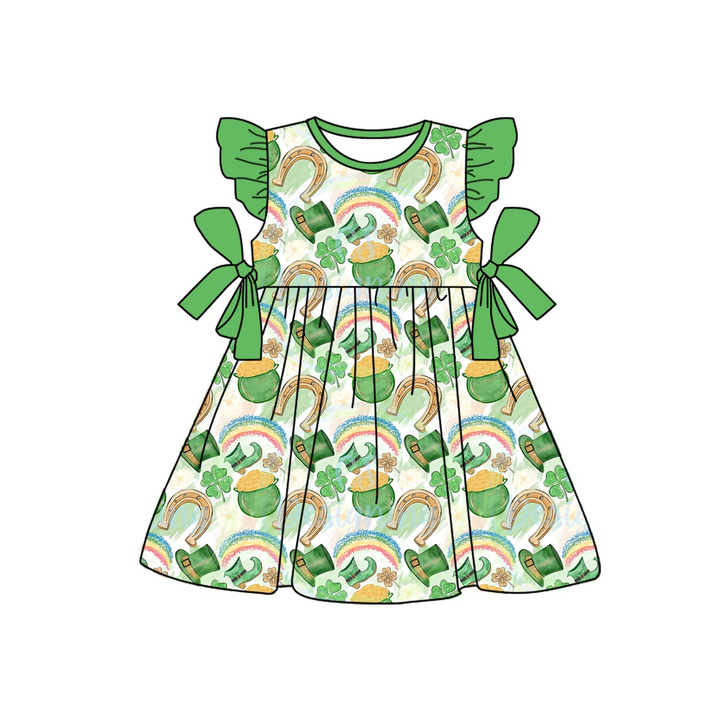 (Pre-order)GSD1657  Gold Leaf Hat Boots Rainbow Print Girls St. Patrick's Day Knee Length Dress
