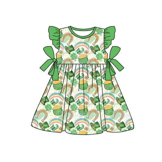(Pre-order)GSD1657  Gold Leaf Hat Boots Rainbow Print Girls St. Patrick's Day Knee Length Dress