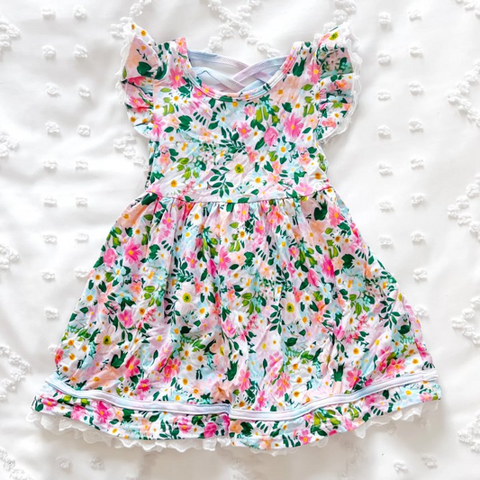 (Pre-order)GSD1659  Flowers Print Girls Summer Knee Length Dress