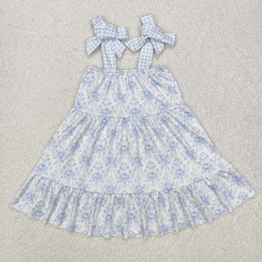 GSD1660  Blue Flowers Print Girls Summer Strap Knee Length Dress