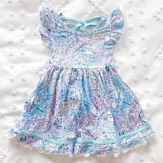 (Pre-order)GSD1662  Singer Swiftie Blue Print Girls Summer Knee Length Dress