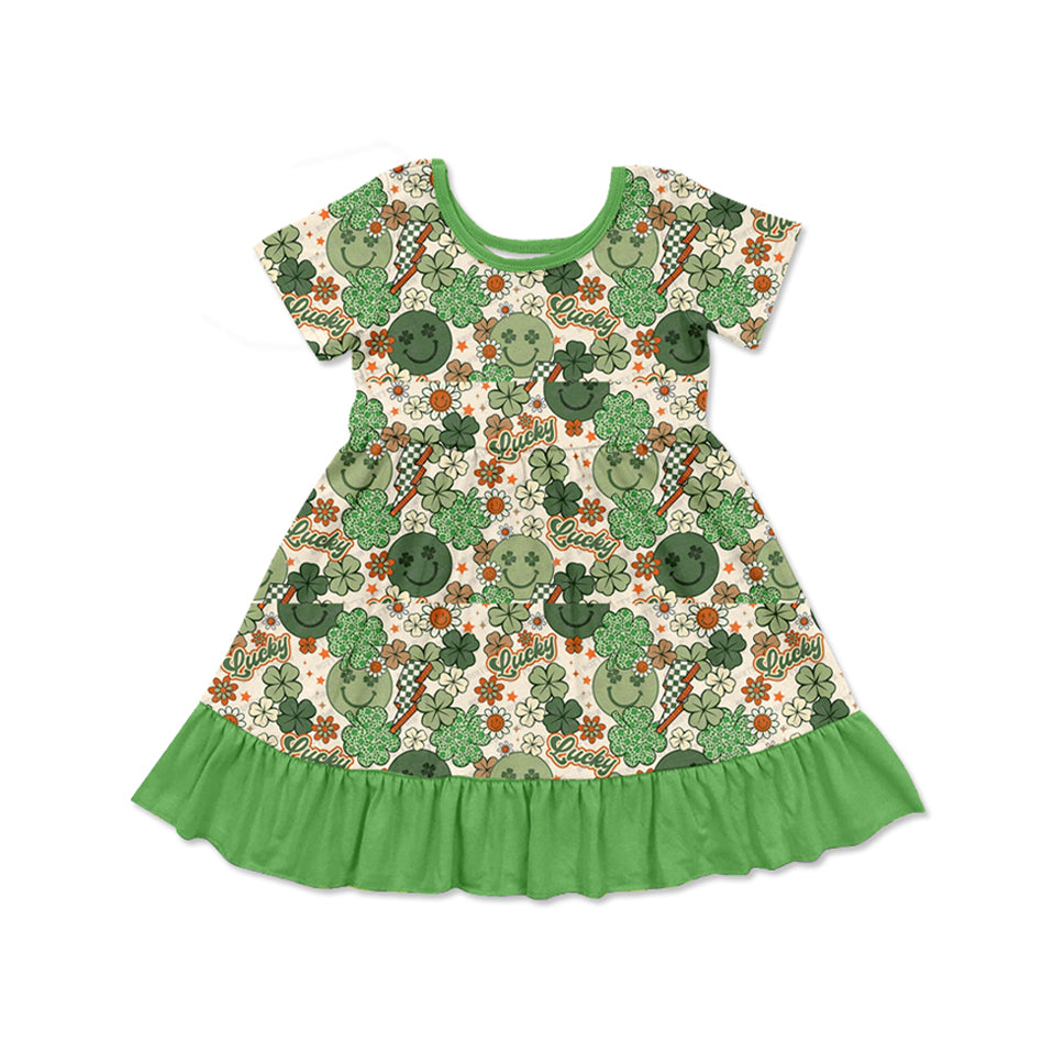 (Pre-order)GSD1667  Lucky Leaf Smiling Face Flowers Print Girls St. Patrick's Day Knee Length Dress