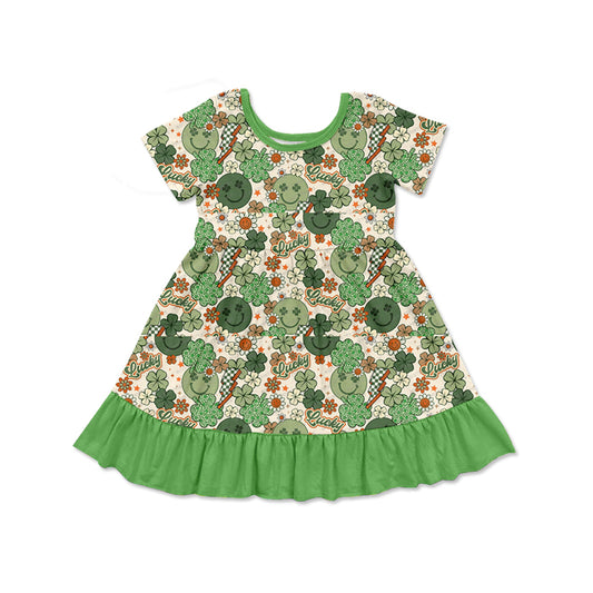 (Pre-order)GSD1667  Lucky Leaf Smiling Face Flowers Print Girls St. Patrick's Day Knee Length Dress