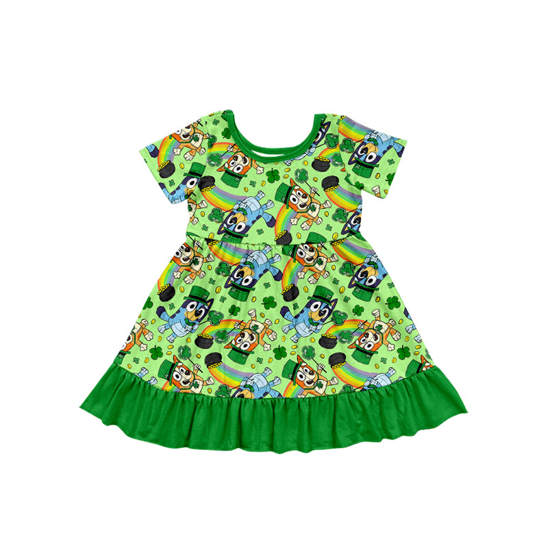 (Pre-order)GSD1668  Cartoon Dog Rainbow Leaf Print Girls St. Patrick's Day Knee Length Dress