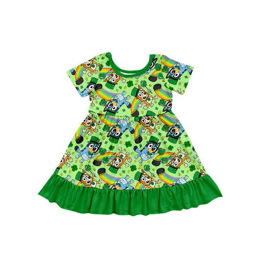 (Pre-order)GSD1668  Cartoon Dog Rainbow Leaf Print Girls St. Patrick's Day Knee Length Dress