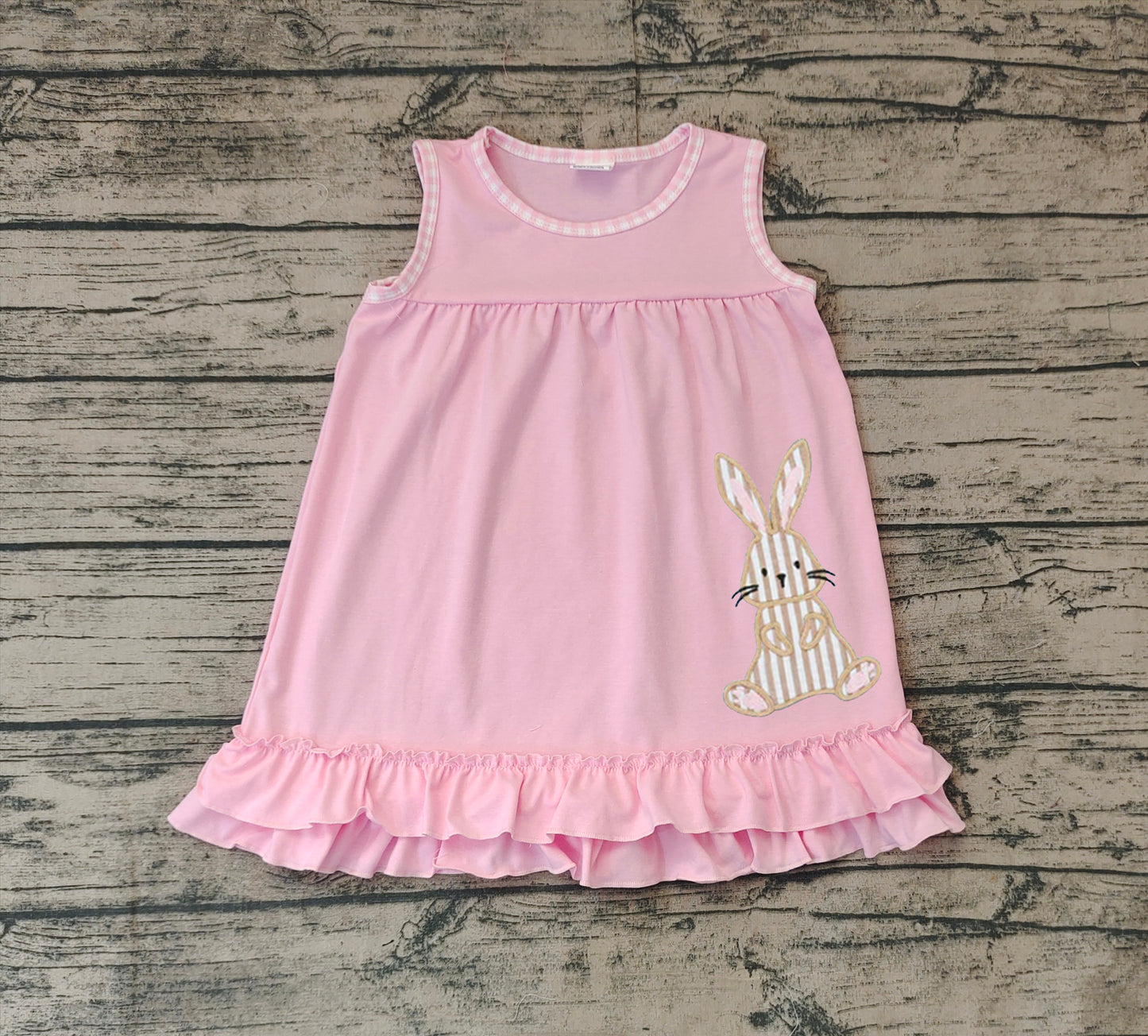 (Pre-order)GSD1671  Bunny Pink Print Girls Sleeveless Easter Knee Length Dress