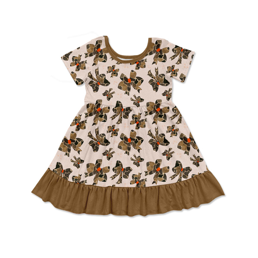 (Pre-order)GSD1672  Camo Bows Brown Print Girls Summer Knee Length Dress