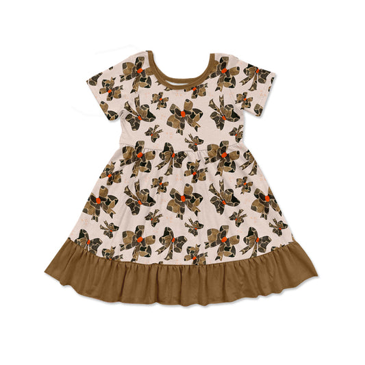 (Pre-order)GSD1672  Camo Bows Brown Print Girls Summer Knee Length Dress