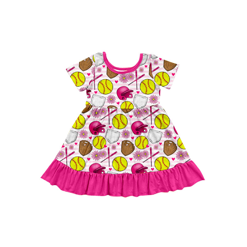 (Pre-order)GSD1673  Softball Flowers Print Girls Summer Knee Length Dress