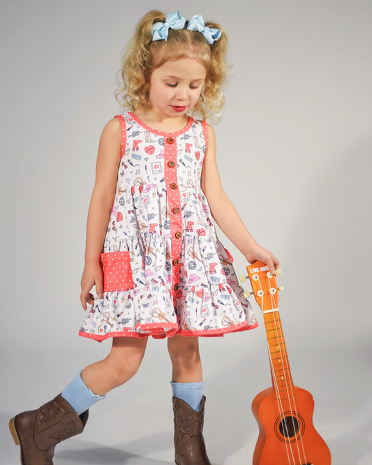 (Pre-order)GSD1674  Singer Swiftie Print Pockets Girls Sleeveless Summer Knee Length Dress