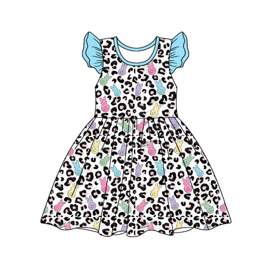(Pre-order)GSD1679 Bunny Leopard Print Girls Easter Knee Length Dress