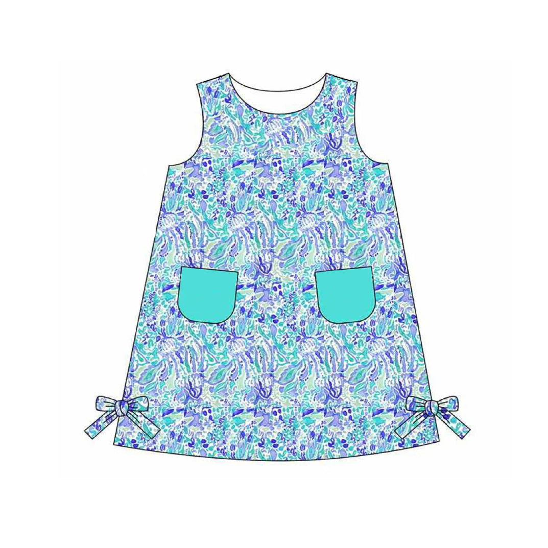 (Pre-order)GSD1684 Blue Seaweed Print Girls Summer Sleeveless Knee Length Dress
