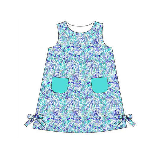 (Pre-order)GSD1684 Blue Seaweed Print Girls Summer Sleeveless Knee Length Dress