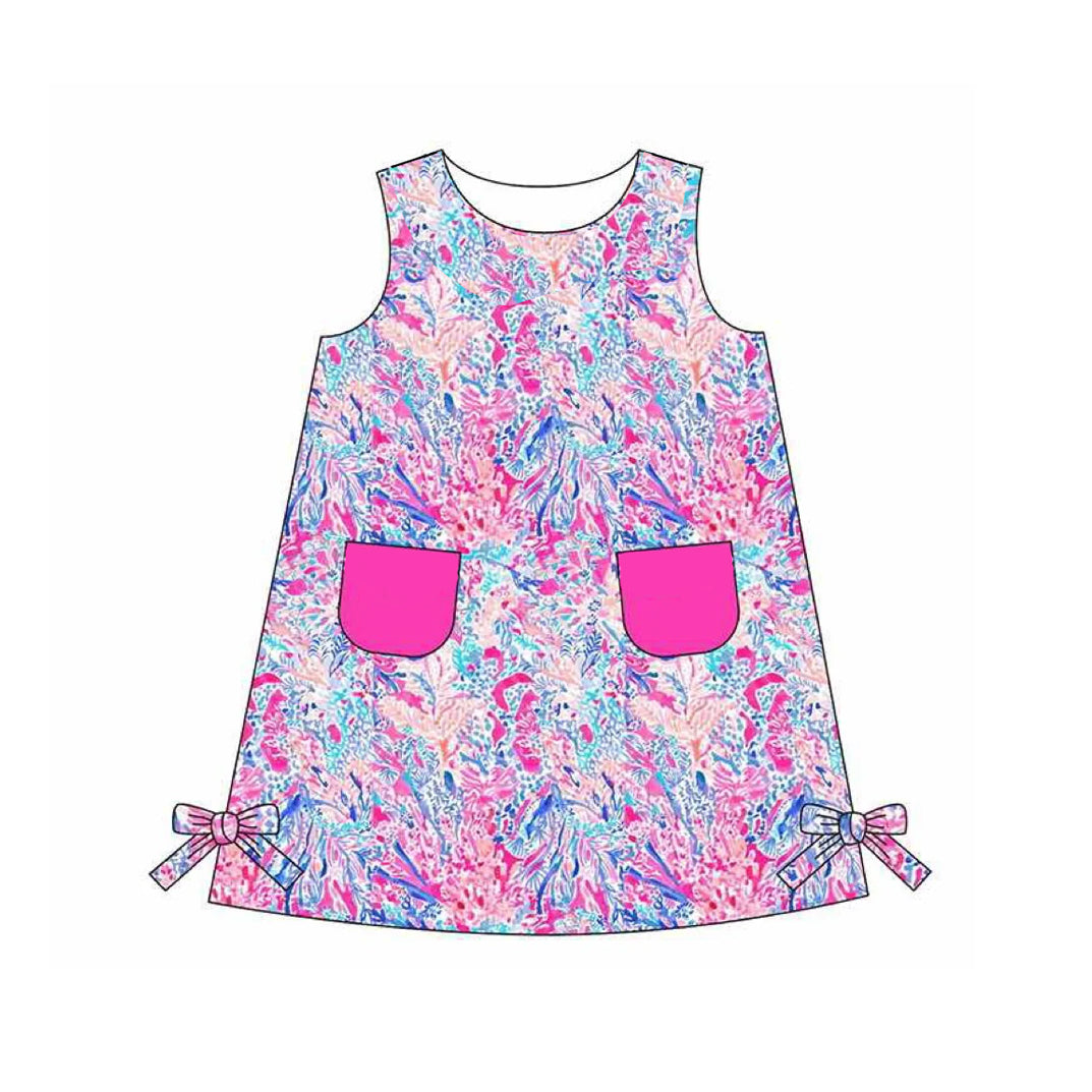 (Pre-order)GSD1687 Hot Pink Seaweed Print Girls Summer Sleeveless Knee Length Dress