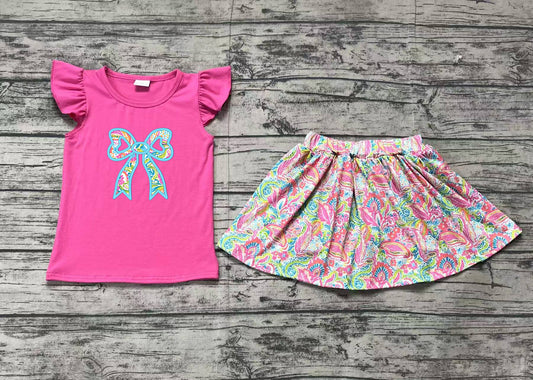 (Pre-order)GSD1688 Bow Hot Pink Top Flowers Skirts Shorts Girls Summer Clothes Set