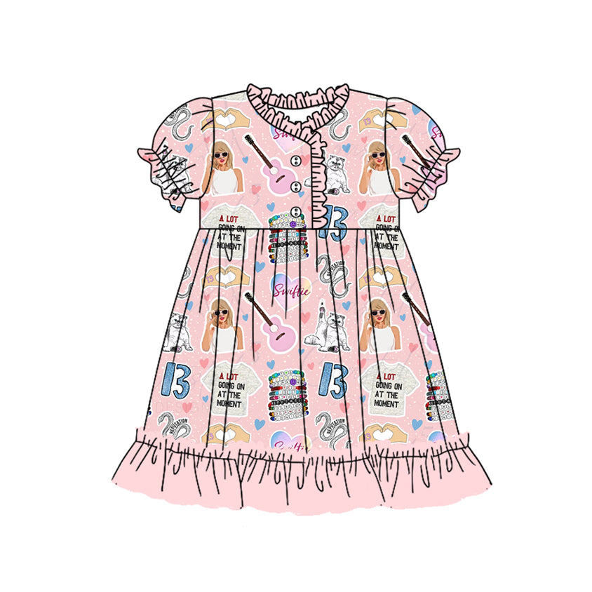 (Pre-order)GSD1693 Singer Swiftie Heart Pink Print Girls Summer Knee Length Dress