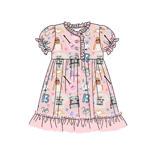 (Pre-order)GSD1693 Singer Swiftie Heart Pink Print Girls Summer Knee Length Dress