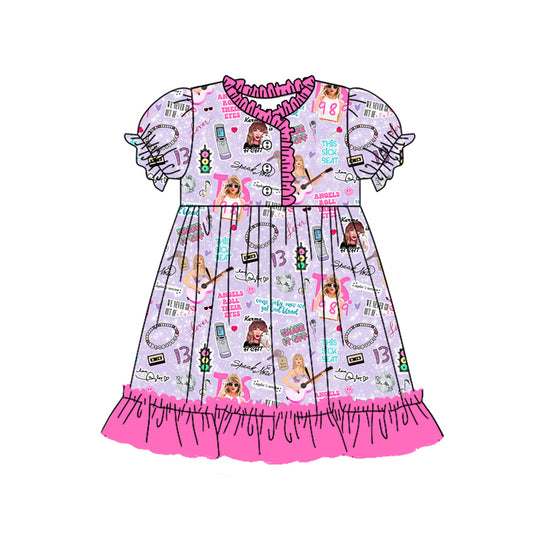 (Pre-order)GSD1694 Singer Swiftie Purple Print Girls Summer Knee Length Dress