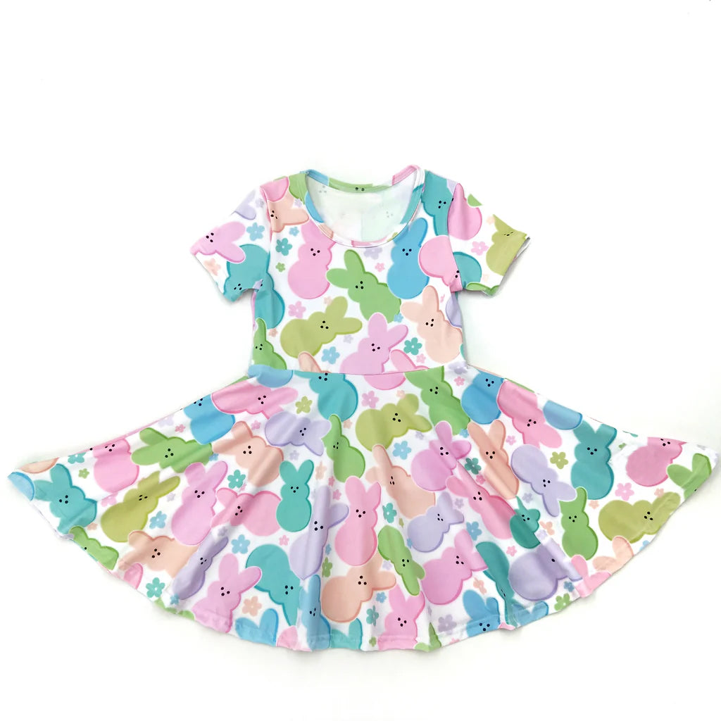 (Pre-order)GSD1695 Colorful Bunny Print Girls Easter Knee Length Dress